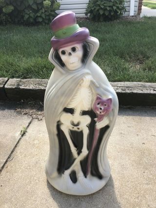 Vintage Blow Mold Halloween Skeleton Top Hat Cape Cat Cane 34 " Tall