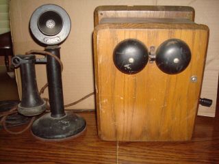 Antique Candlestick Phone With Crank Handle And Wooden Box