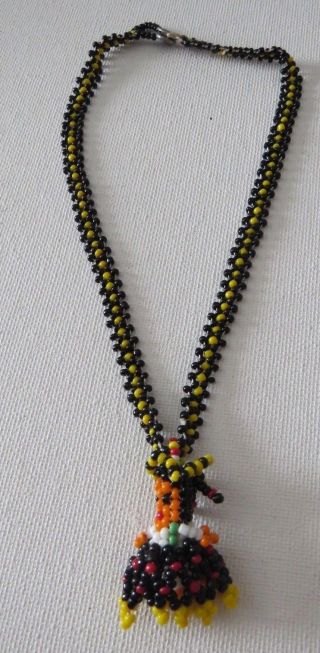 Vtg Beaded Necklace Native American Indian Lady Pendant Black Yellow Odd