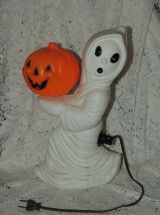 Vintage 13 " Halloween Tabletop General Foam Lighted Blow Mold Ghost W Pumpkin