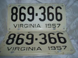 Matched Pair 1957 Virginia Car License Plates 869 - 366