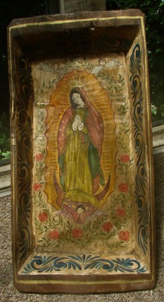 Huge Vtg Painted Wood Mexican Retablo - Lady Of Guadalupe,  Signed - 32 "