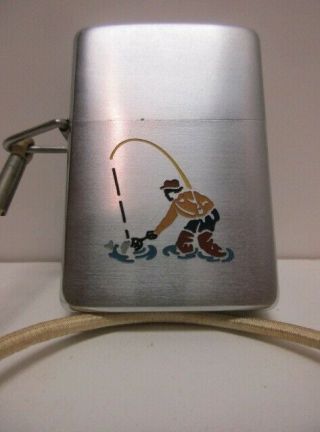 10058 1958 Zippo Lighter “FISHERMAN“ “Tach - A - Loop” “Etch & Paint” “Lossproof 2