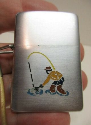 10058 1958 Zippo Lighter “FISHERMAN“ “Tach - A - Loop” “Etch & Paint” “Lossproof 3