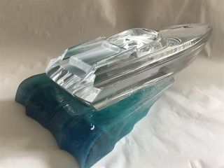 Daum France Crystal Powerboat Power Boat With Blue Colored Wave Base