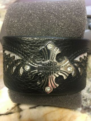 Harley Davidson Black Leather Cuff Bracelet Cross Wings Shield Womens 7 "