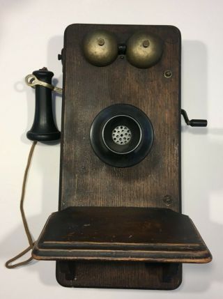 Antique Kellogg Hand Crank Wooden Oak Wall Telephone Complete