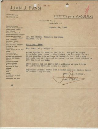 Vtg Commercial Letter / Juan J Parsi / Industria Leche / Sj Puerto Rico / 1940