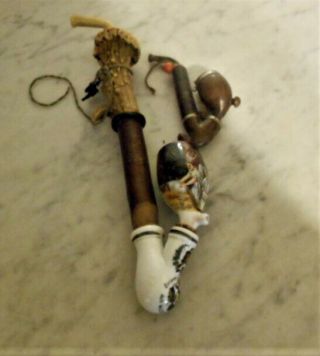 Antique German Porcelain Pipe With Elk Horn & Small Wooden Pipe