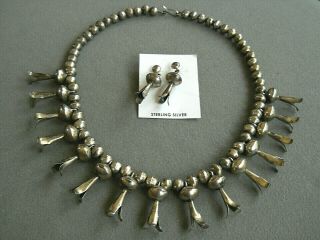 Native American All - Sterling Silver Squash Blossom Bead Necklace Earrings Set