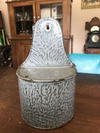 Vintage Rare Gray Graniteware Enamelware Hanging Salt Box With Lid