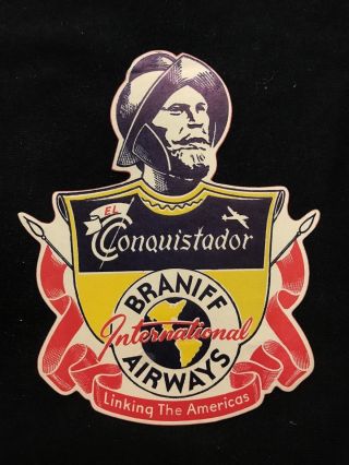 Braniff International " El Conquistador " Logo Airline Baggage Label Luggage
