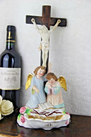 Antique German Porcelain Angels Putti Crucifix Holy Water Font Religious Cross