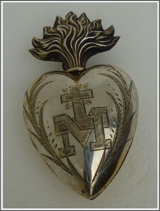 Rare Stunning Antique French Sterling Silver Sacred Heart Of Mary Ex Voto