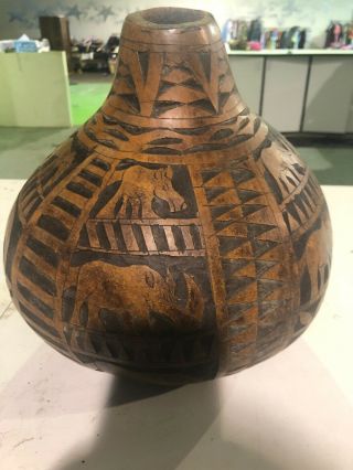 Large Vintage African Etched Calabash Gourd Pot Vessel Elephants Made In Kenya