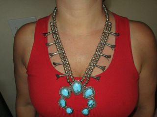 Vintage American Indian Navajo Turquoise Silver Squash Blossom Necklace Earrings