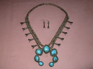 Vintage American Indian Navajo Turquoise Silver Squash Blossom Necklace Earrings 2