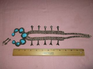 Vintage American Indian Navajo Turquoise Silver Squash Blossom Necklace Earrings 3