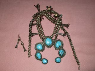 Vintage American Indian Navajo Turquoise Silver Squash Blossom Necklace Earrings 4