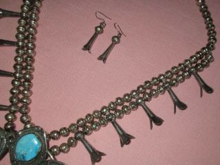 Vintage American Indian Navajo Turquoise Silver Squash Blossom Necklace Earrings 7