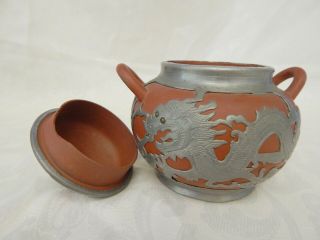 Vintage Chinese Yixing Red Clay Teapot Set - Pewter Dragon Overlay 11
