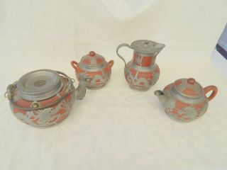 Vintage Chinese Yixing Red Clay Teapot Set - Pewter Dragon Overlay