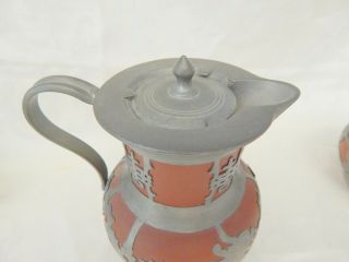 Vintage Chinese Yixing Red Clay Teapot Set - Pewter Dragon Overlay 9