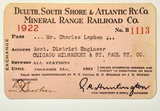 1922 Duluth,  South Shore & Atlantic Railway Co.  Annual Pass C Lapham B D Brookes