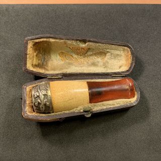 Antique Sterling Silver Amber Cigarette Holder Meerschaum