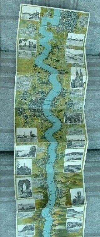 Vintage 1890 Rhine River Lithograph Tourist River Map Dusseldorf - Mainz Germany
