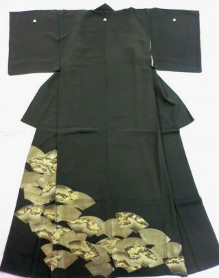 Japanese Vintage Kimono,  Black Tomesode,  Hakuoki,  Gold Foil N071606