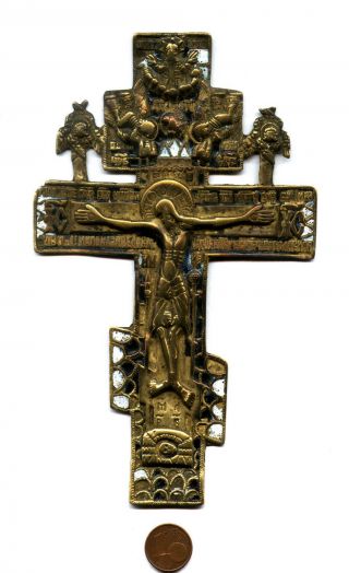 Rare Old Xviii C Russian Orthodox Bronze Crucifixes Cross With Cherubs Enameled