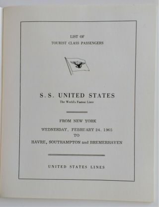United States Lines - S.  S.  United States Tourist Deck Plan & Passenger List 1960s 6