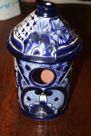 Large Blue & White Pottery Birdhouse - Mexico - 12 " High