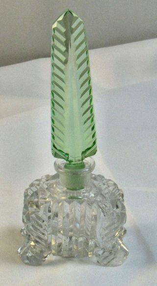 Vintage Czech Art Deco Cut Glass Perfume Bottle W/ Green Stopper Book Piece