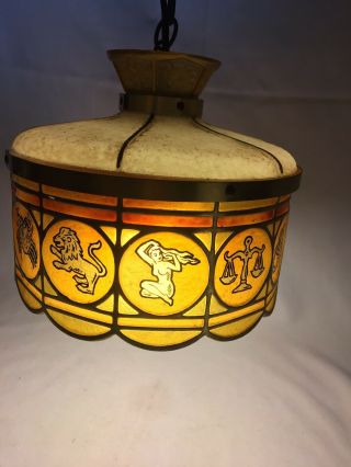 Vintage Zodiac Pendant Lamp Mid Century Modern Faux Stained Glass Plastic Light