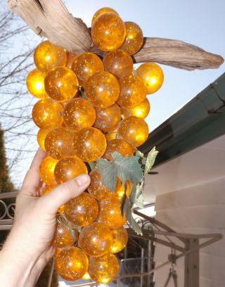 Lucite Acrylic Grapes Grape Cluster Driftwood HUGE Glitter Orange Mid Century 4