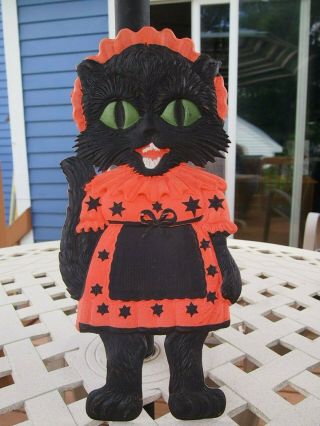 Vintage German Embossed Halloween Decoration Die Cut Girl Black Cat Star Dress