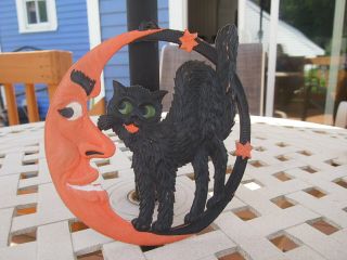 Vintage German Heavily Embossed Halloween Decoration Die Cut Moon & Black Cat