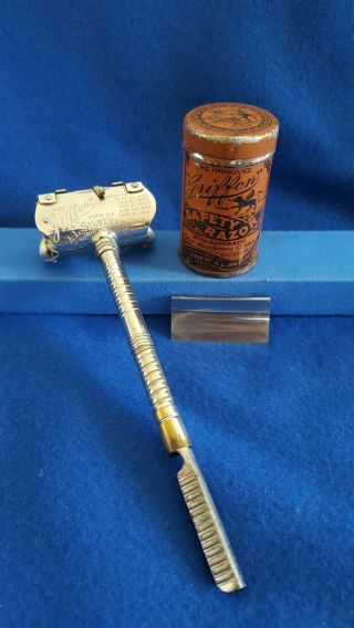 Antique And Complete Improved Griffon Safety Razor In Orange Litho Tin