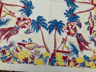 VINTAGE Large Hawaiian Hula Girl Old Stock Linen Tablecloth 2