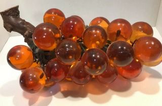 Vtg Large Lucite Acrylic Resin Grape Cluster Wood Stem 30 Balls Amber Orange