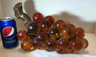 Vtg Large Lucite Acrylic Resin Grape Cluster Wood Stem 30 Balls Amber Orange 2