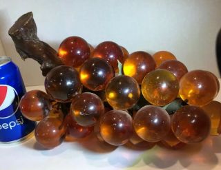 Vtg Large Lucite Acrylic Resin Grape Cluster Wood Stem 30 Balls Amber Orange 3