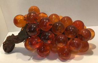 Vtg Large Lucite Acrylic Resin Grape Cluster Wood Stem 30 Balls Amber Orange 4