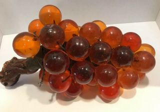 Vtg Large Lucite Acrylic Resin Grape Cluster Wood Stem 30 Balls Amber Orange 5
