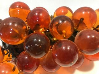 Vtg Large Lucite Acrylic Resin Grape Cluster Wood Stem 30 Balls Amber Orange 6