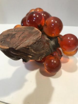 Vtg Large Lucite Acrylic Resin Grape Cluster Wood Stem 30 Balls Amber Orange 7