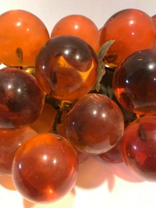 Vtg Large Lucite Acrylic Resin Grape Cluster Wood Stem 30 Balls Amber Orange 8