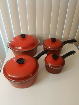 8 - Pc Set Of 4 Vtg Red Club Aluminum Cookware Pots Pans Dutch Oven & Lids.  Sturdy